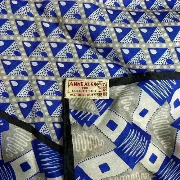 Vintage Silk Scarf in Blue Silver and Black Retro Design by Anne Klein - Picture 4 of 7